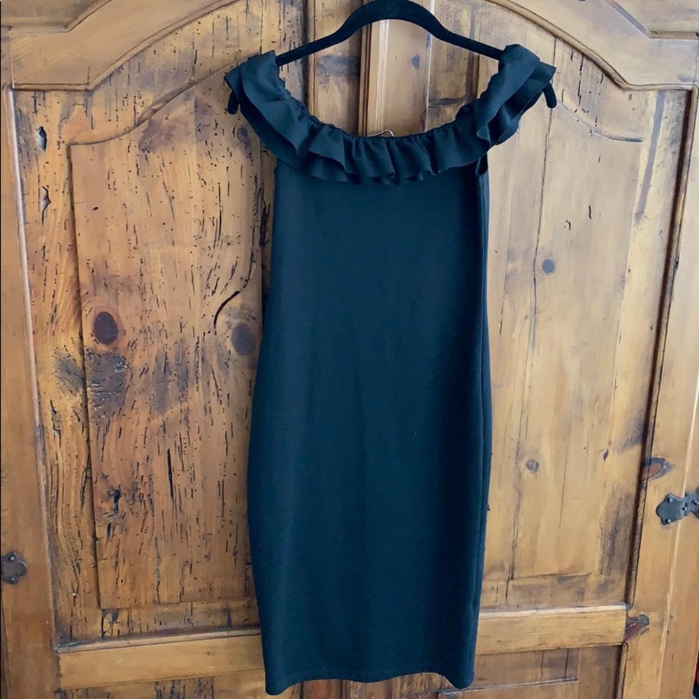 Zara LBT, bodycon with ruffle off the should top